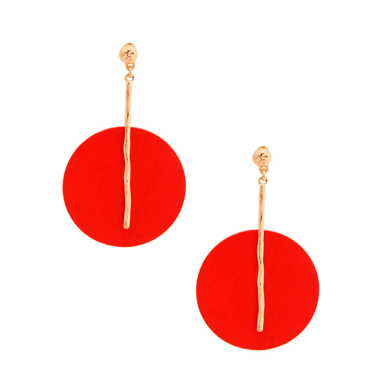 Red Wood Disc Gold Bar Earrings