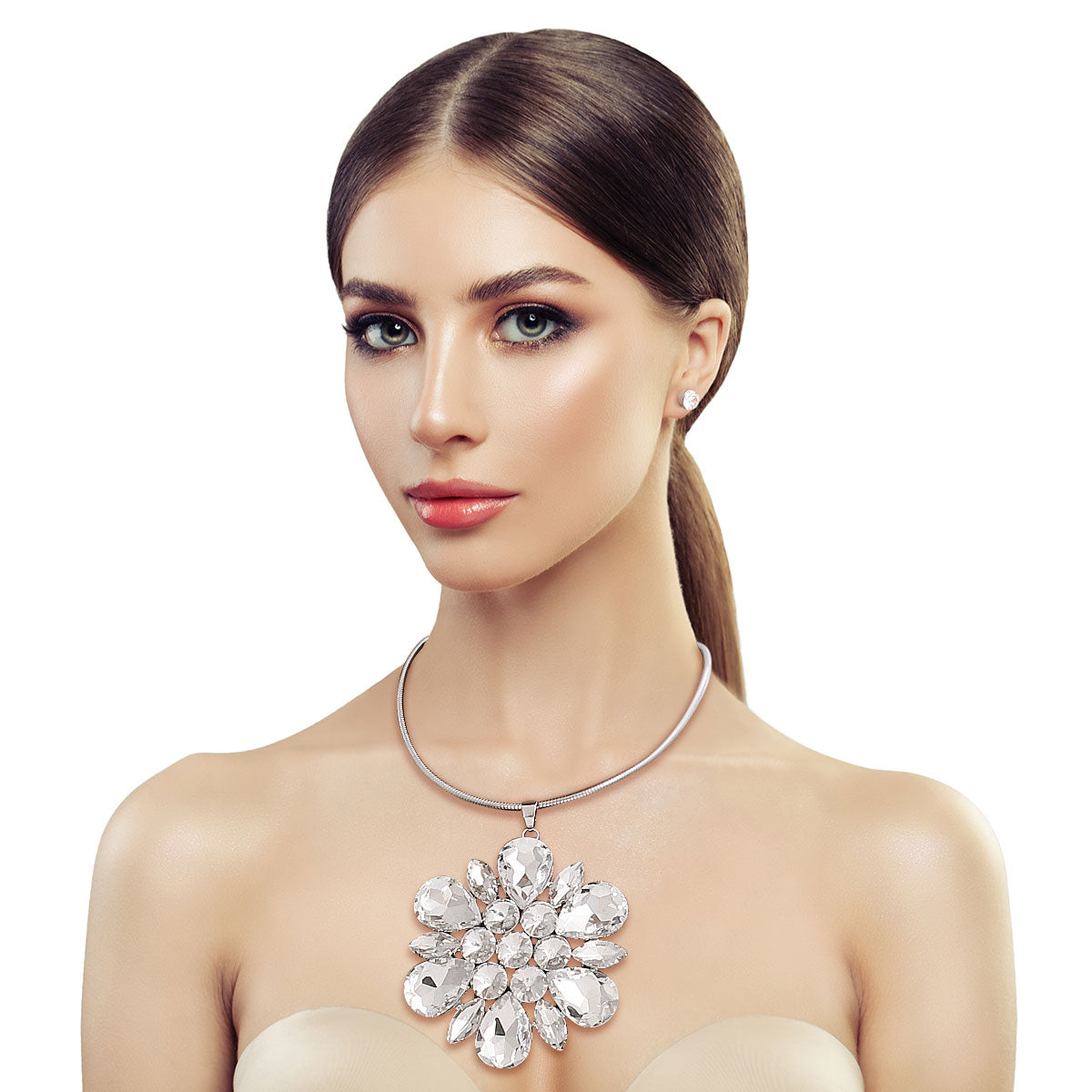 Silver Teardrop Crystal Pendant Necklace