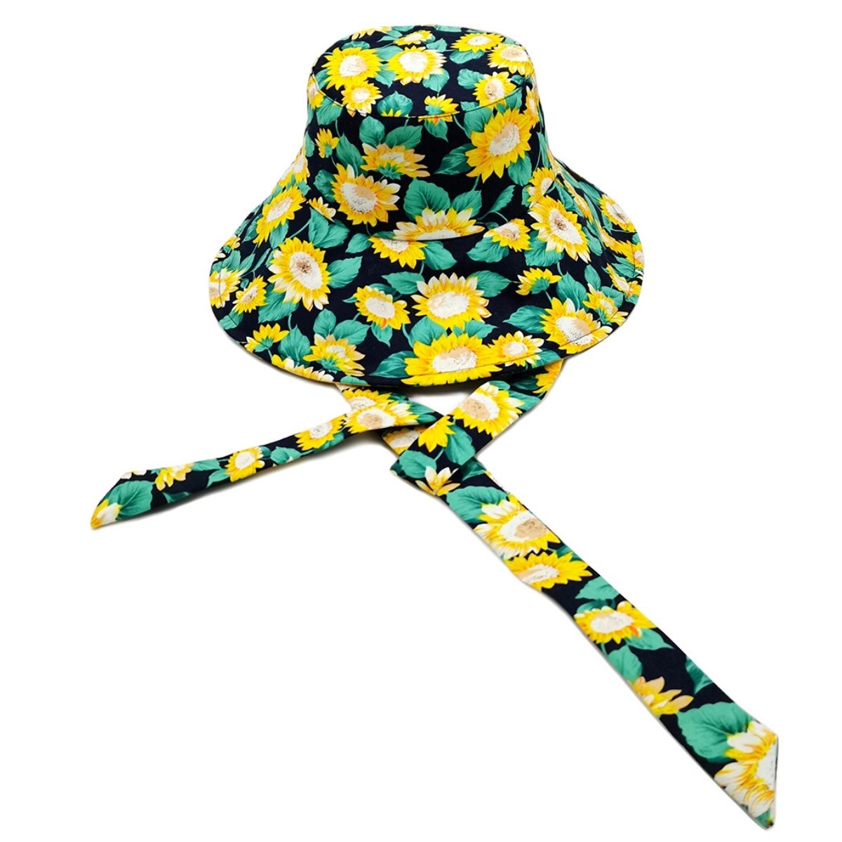 Navy Sunflower Chin Tie Bucket Hat