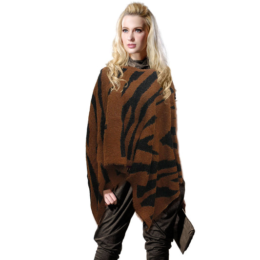 Brown and Black Tiger Fuzzy Poncho