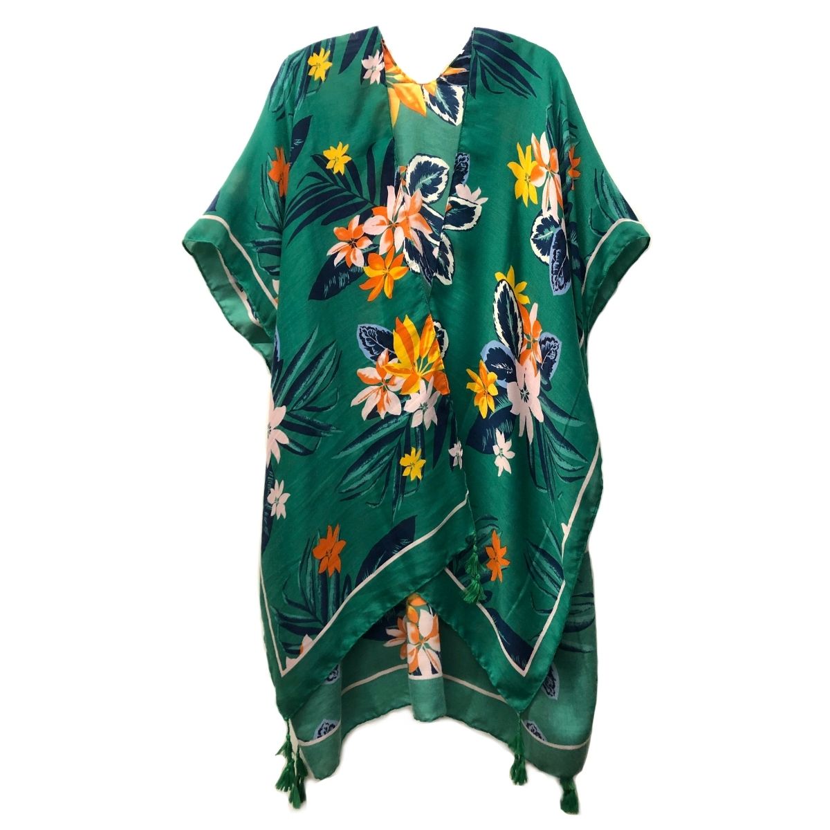 Green Tropical Floral Tassel Kimono