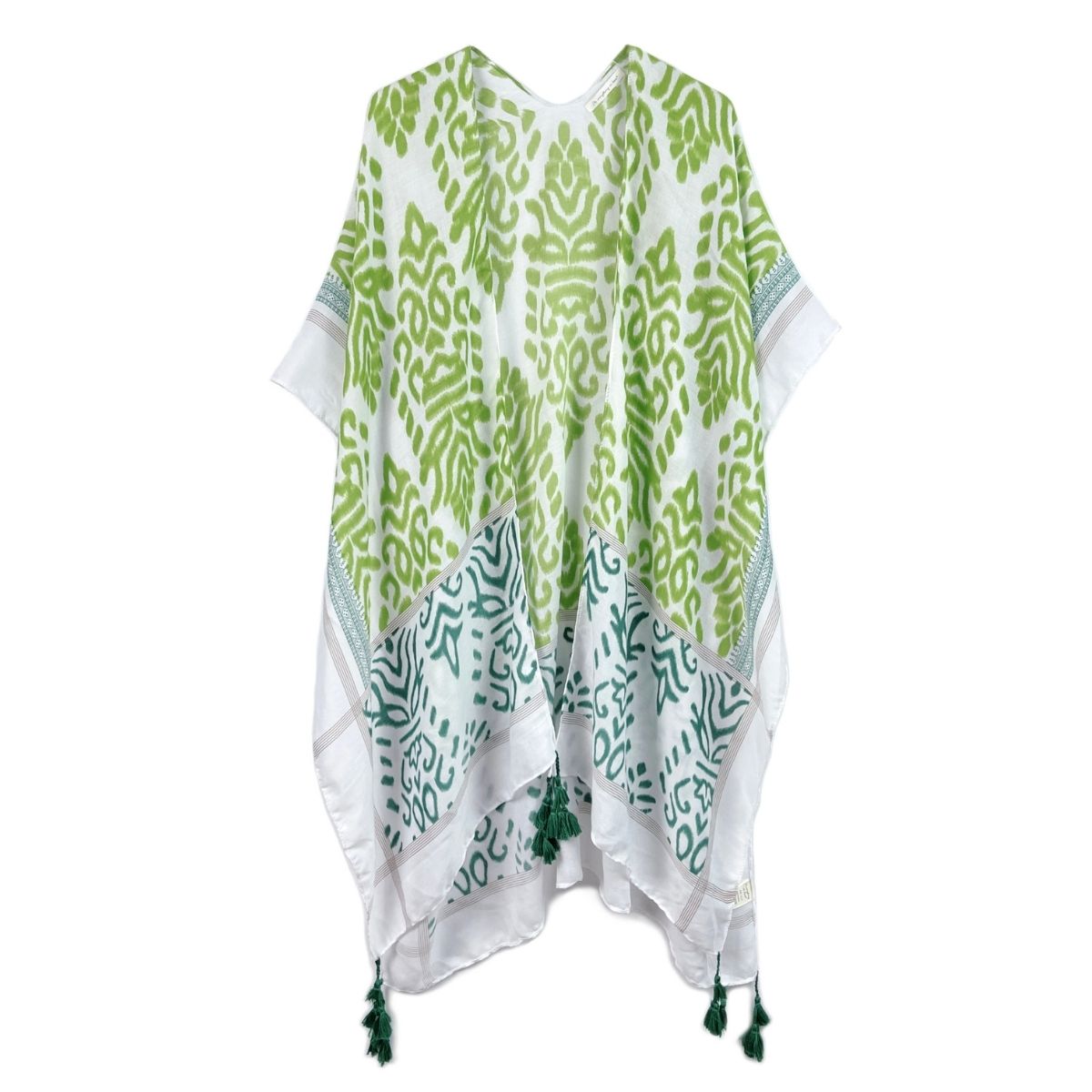 Green Damask Print Tassel Kimono