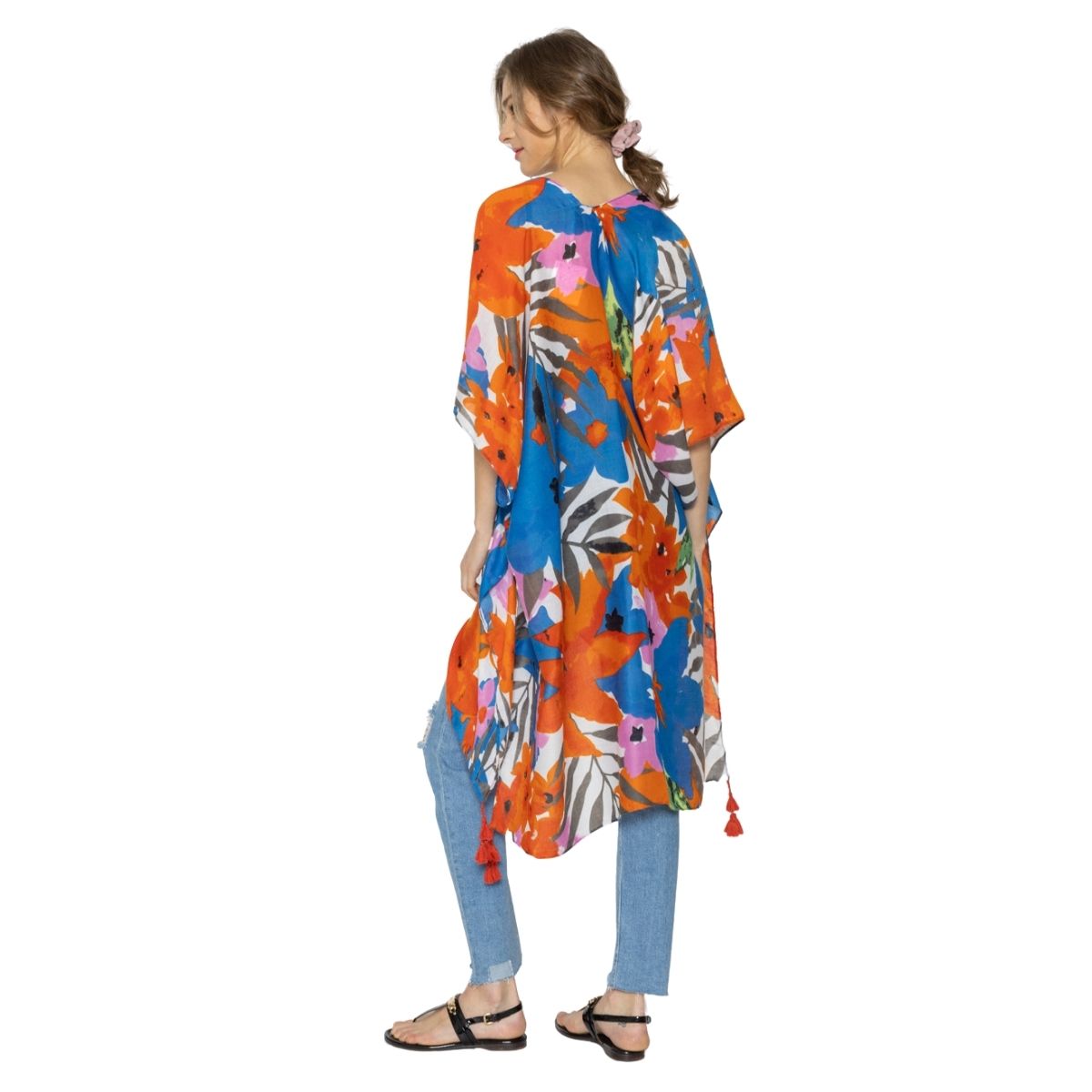 Blue Floral Watercolor Tassel Kimono