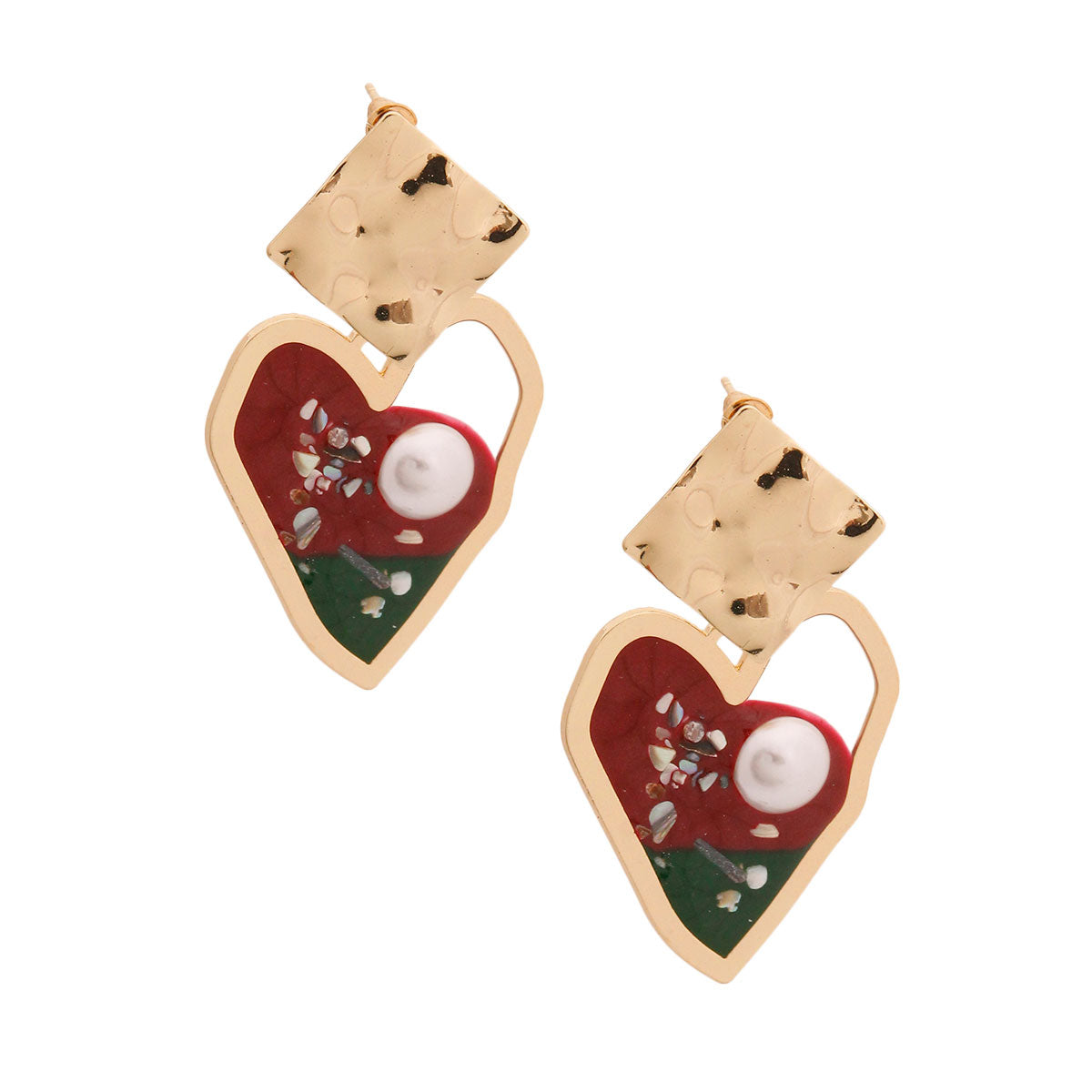 Gold and Red Resin Heart Earrings