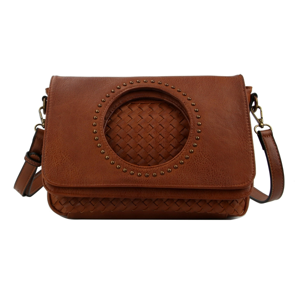 Brown Leather Woven Flap Crossbody
