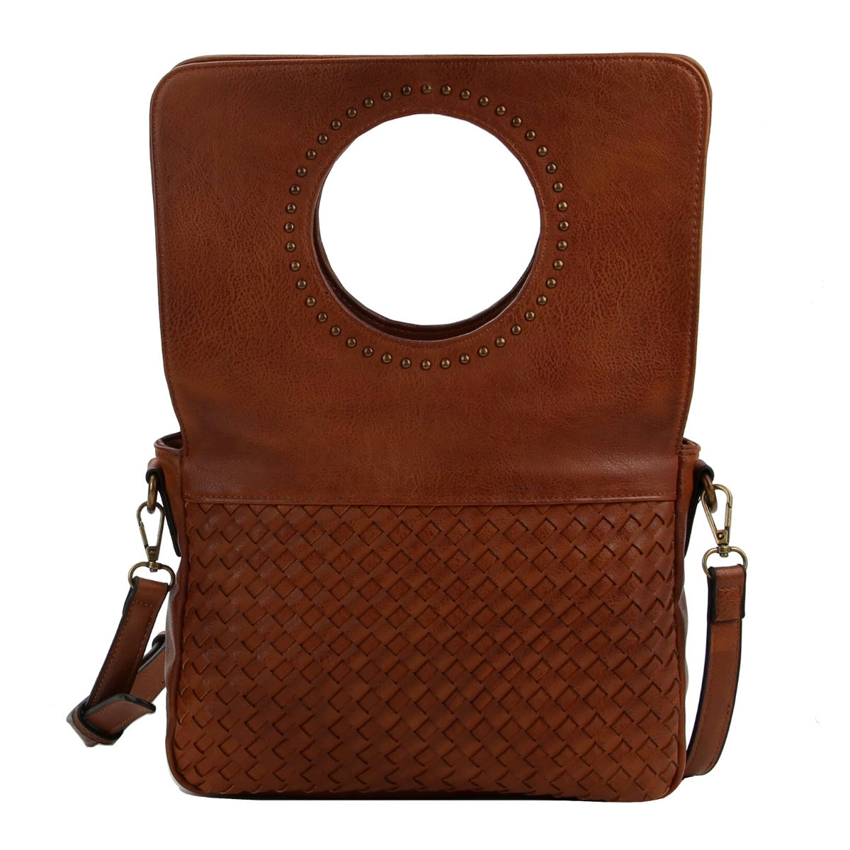 Brown Leather Woven Flap Crossbody