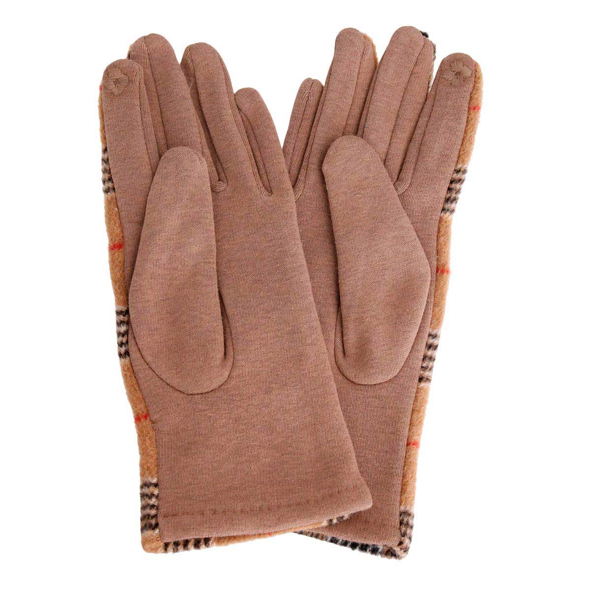 Beige Plaid Button Smart Gloves
