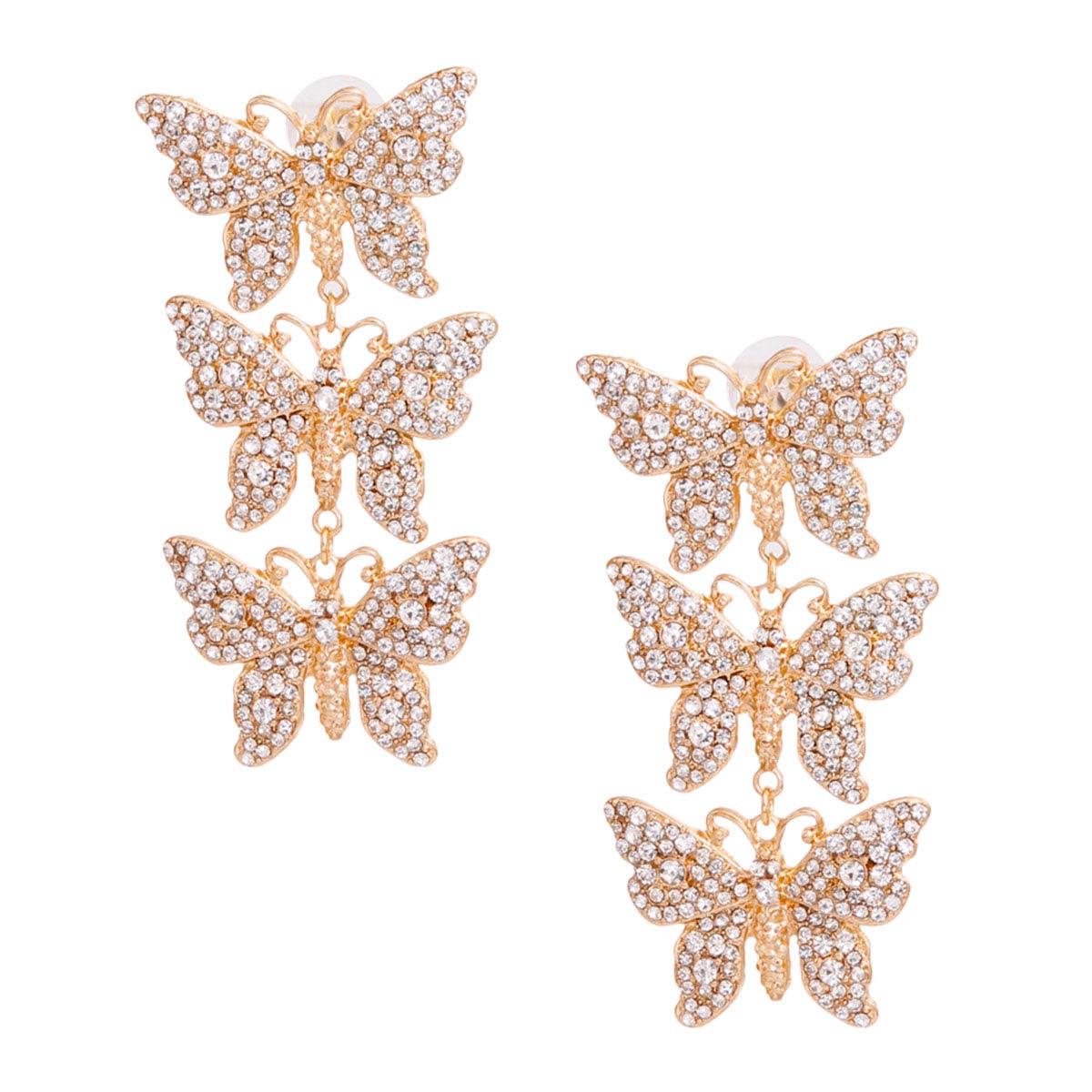 Gold Triple Butterfly Rhinestone Earrings