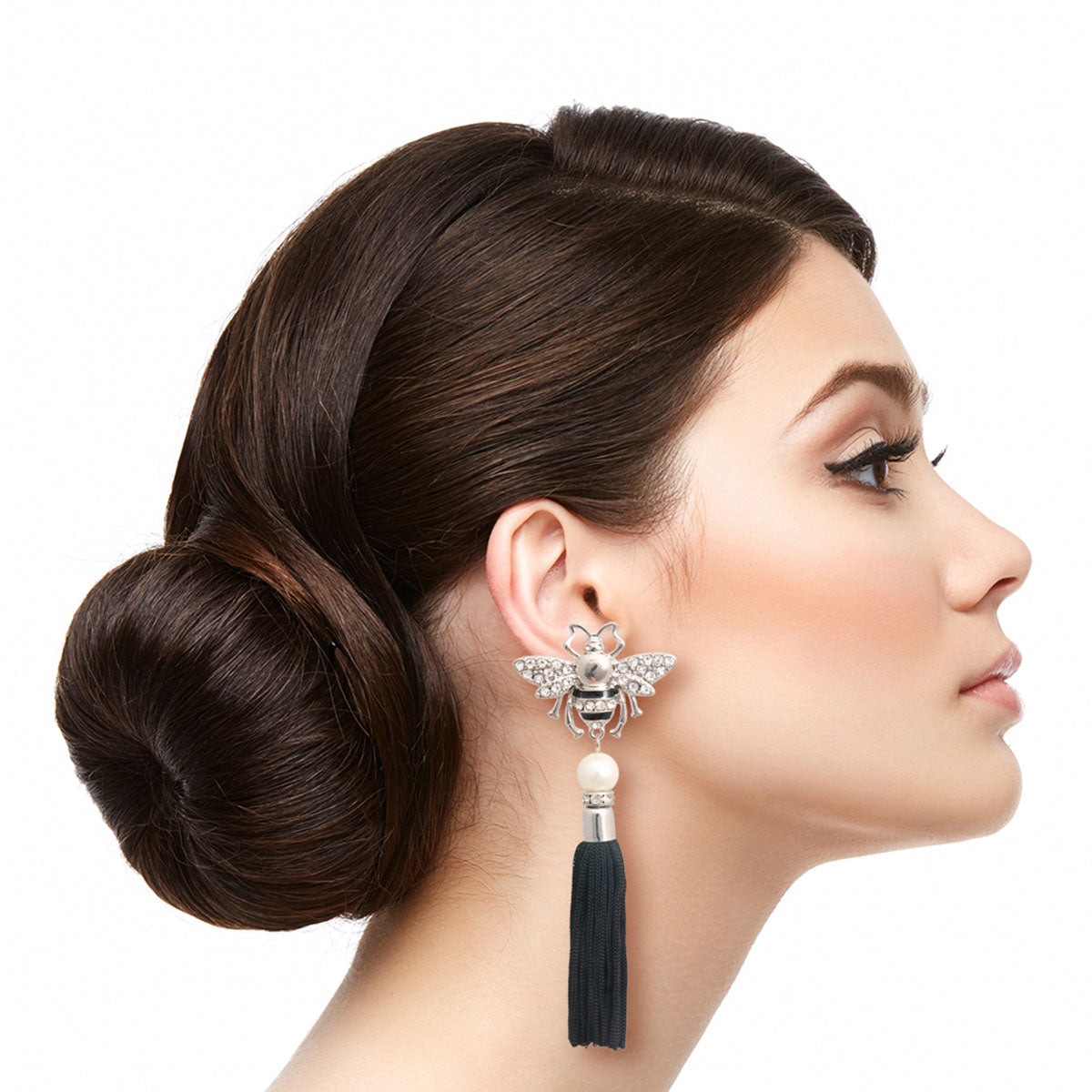 Designer Silver Pearl Bee Tassel Earrings