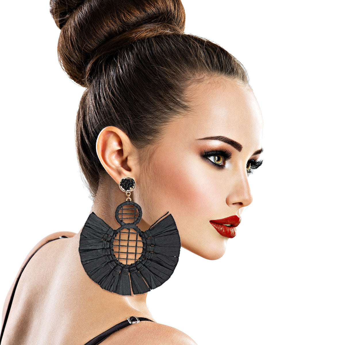 Black Woven Raffia Tassel Earrings