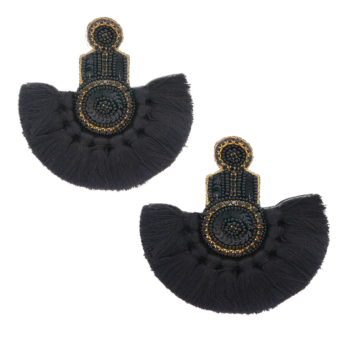 Plush Black Tassel Beaded Earrings