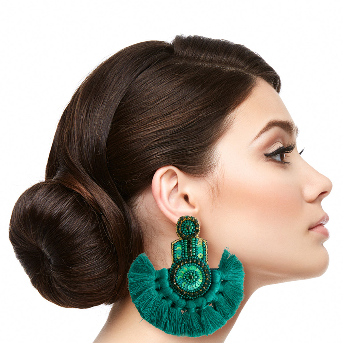Green Bead and Knot Tassel Earrings