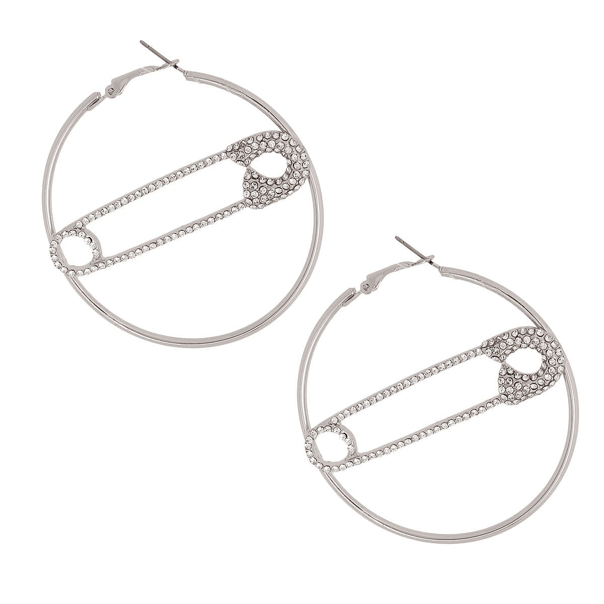 Silver Stone Safety Pin Hoops