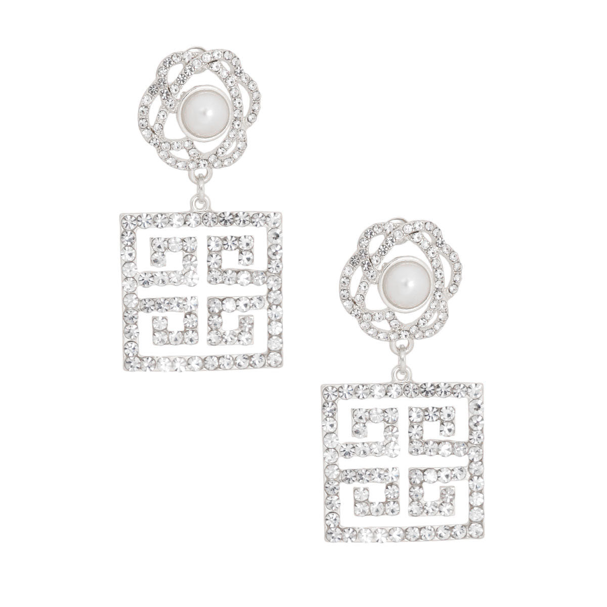 Silver Flower Square Greek Key Earrings