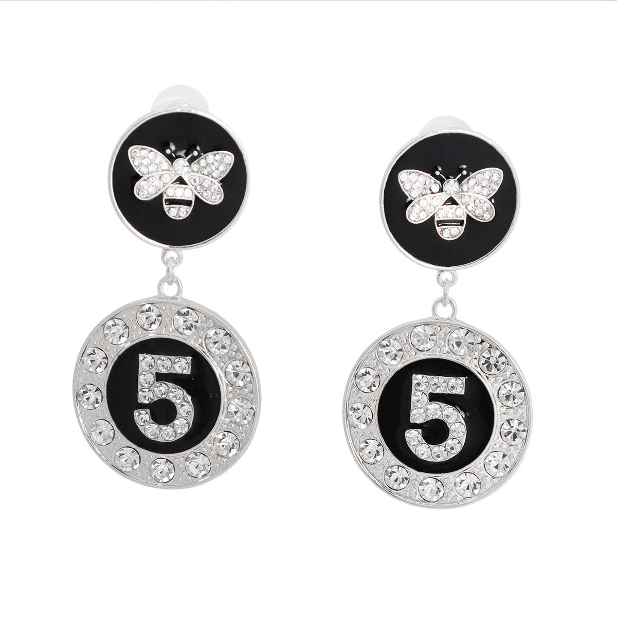 Silver and Black Bee 5 Charm Earrings