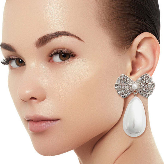 Silver Bow Pearl Teardrop Earrings