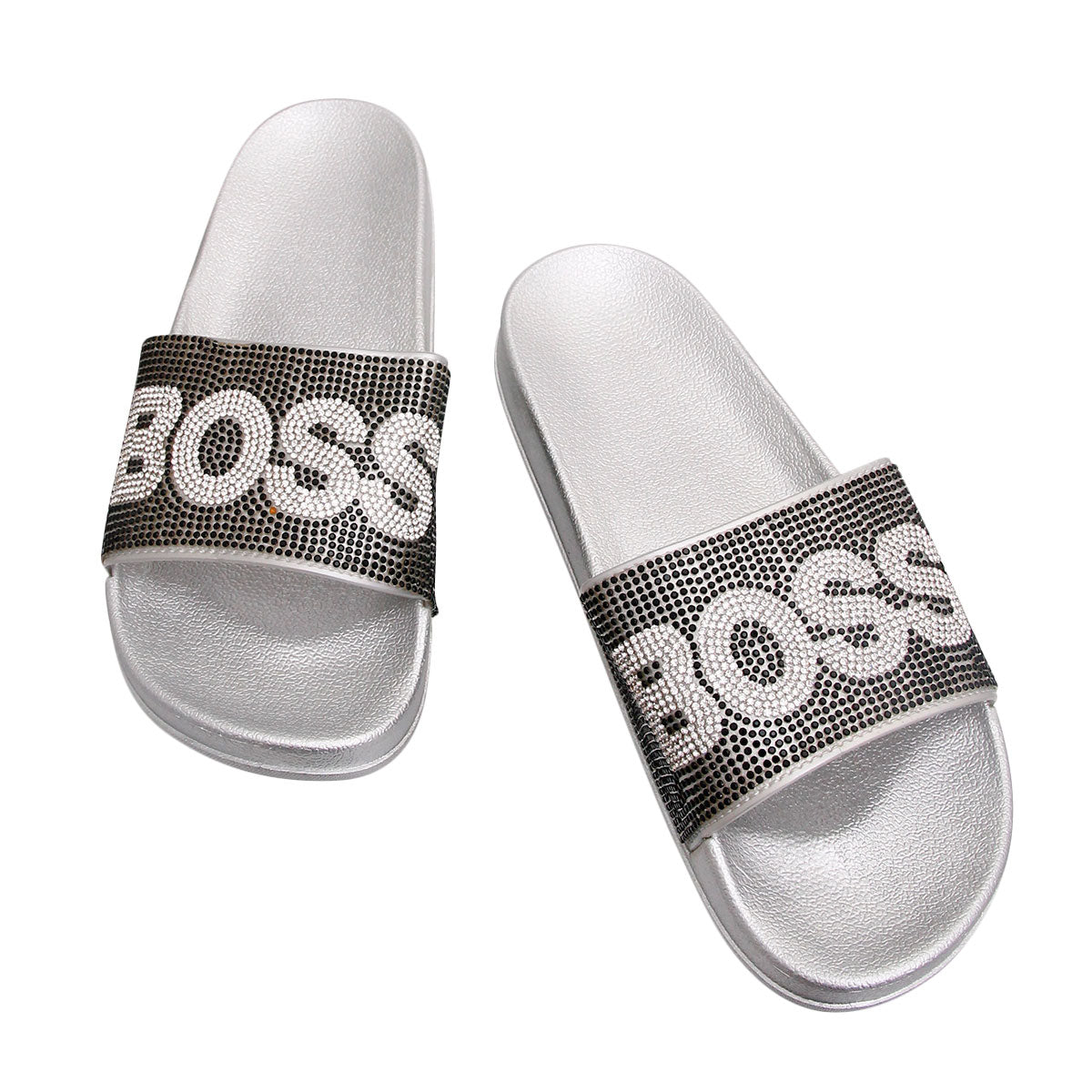 Size 12 Black BOSS Silver Slides