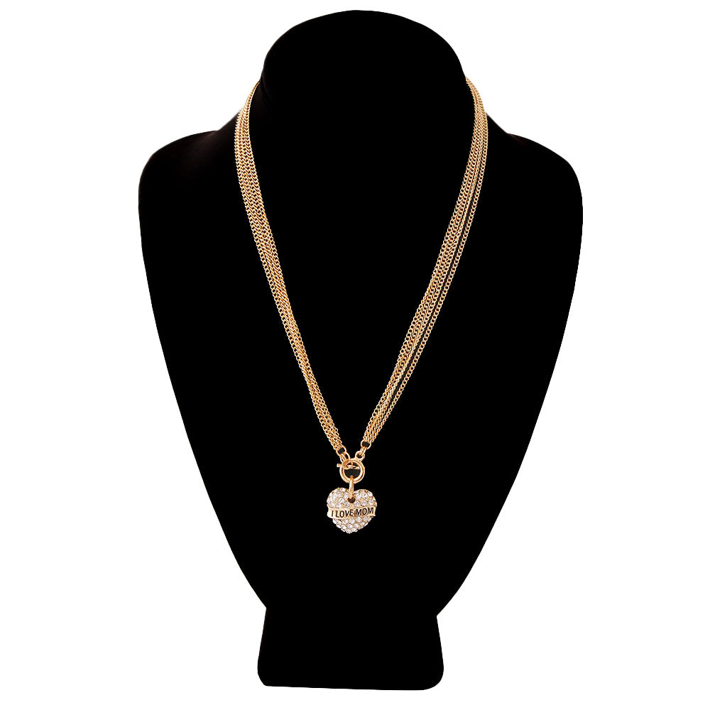 I Love Mom Rhinestone Heart Toggle Gold Necklace