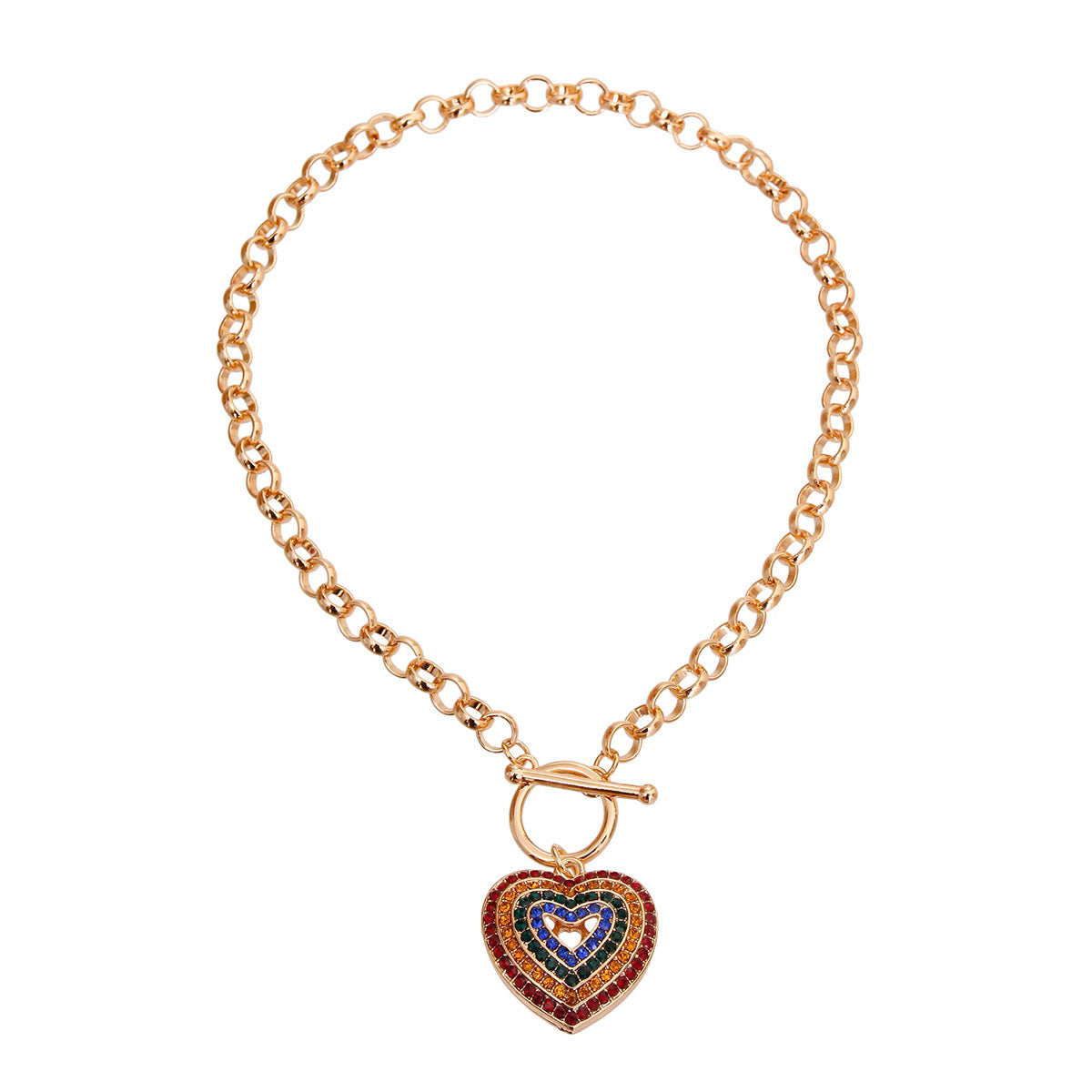 Round Link Multi Color Heart Toggle Necklace
