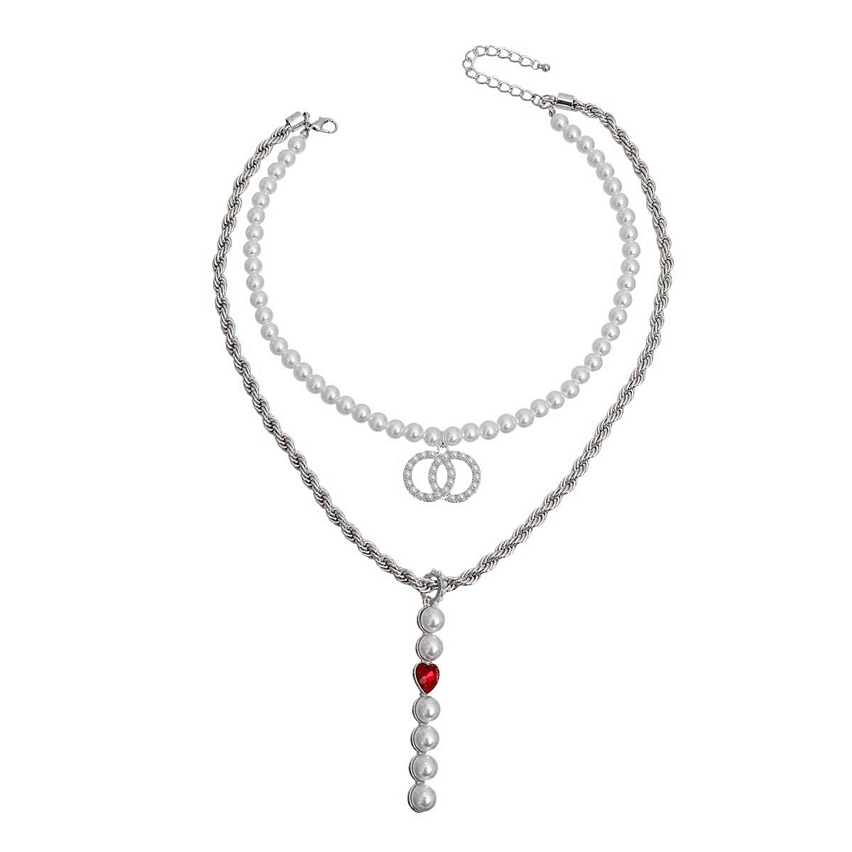 Silver Double Layer Pearl Drop Necklace