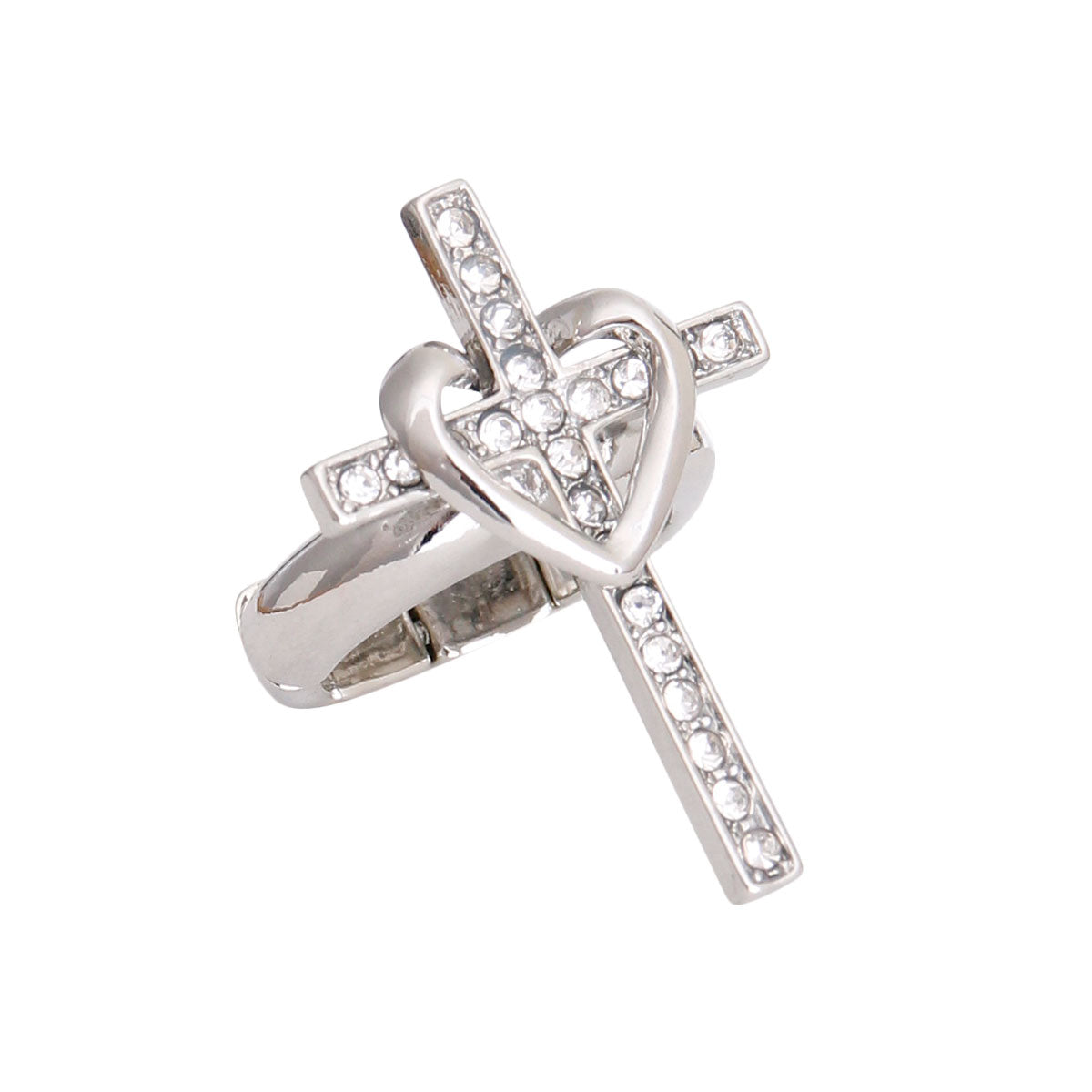 Silver Heart Cross Polished Ring