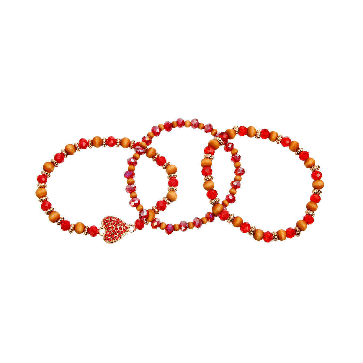 Red and Wood Bead Heart Bracelets