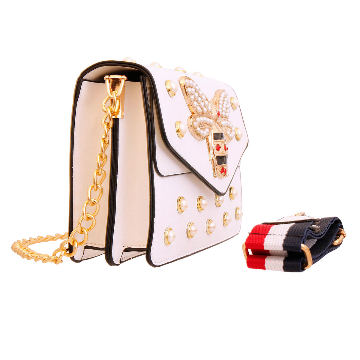 White Designer Pearl Bee Flap Shoulder Bag