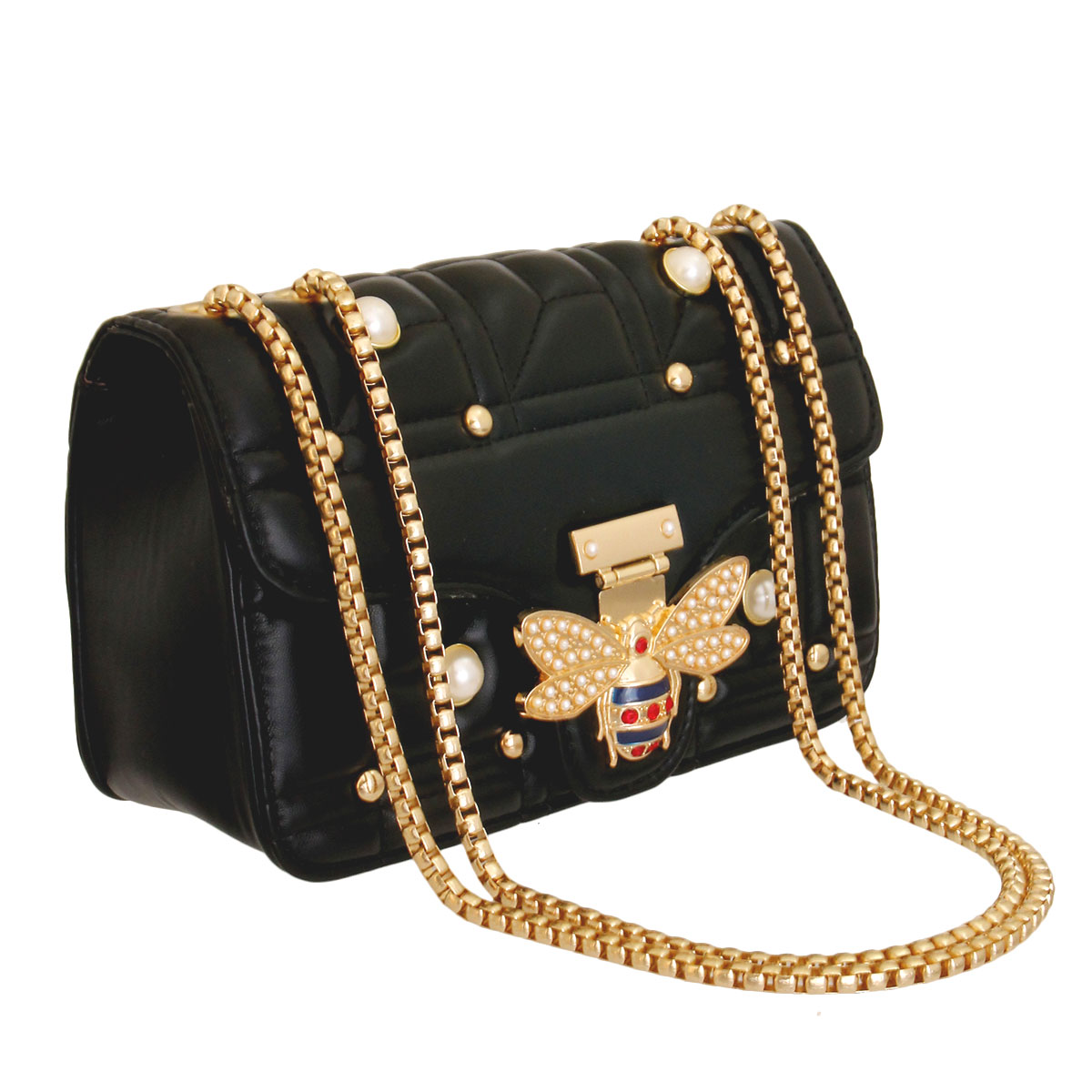 Black Designer Pearl Bee Quilted Bag