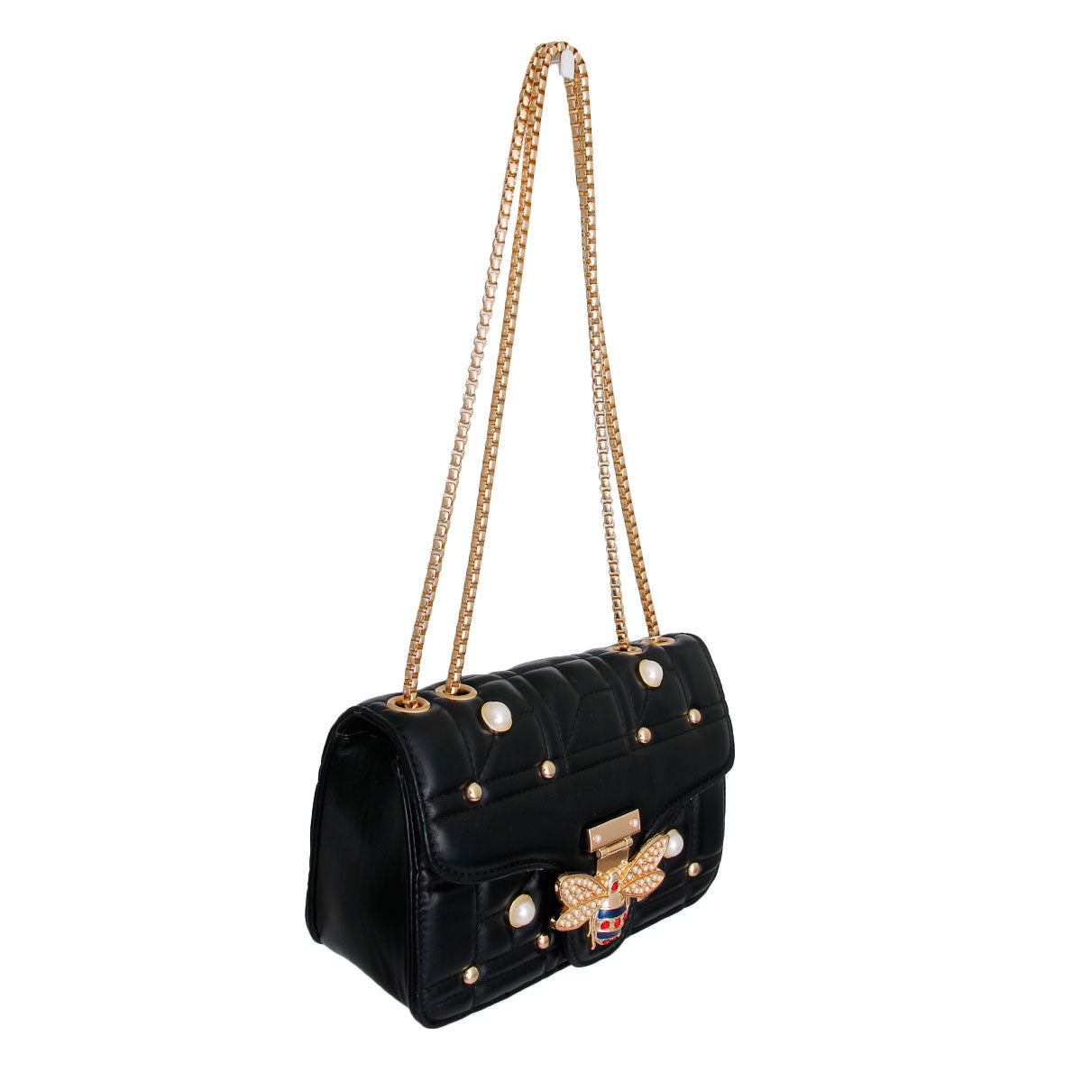 Black Designer Pearl Bee Quilted Bag