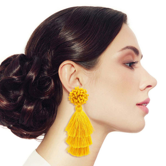 Mustard Cluster Bead Triple Tassel Earrings