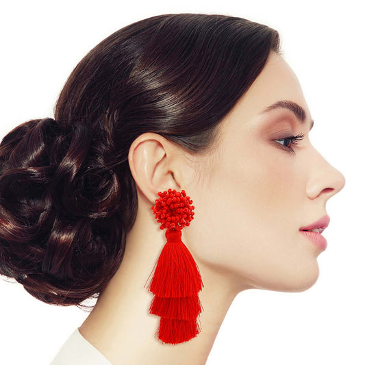 Red Cluster Bead Triple Tassel Earrings