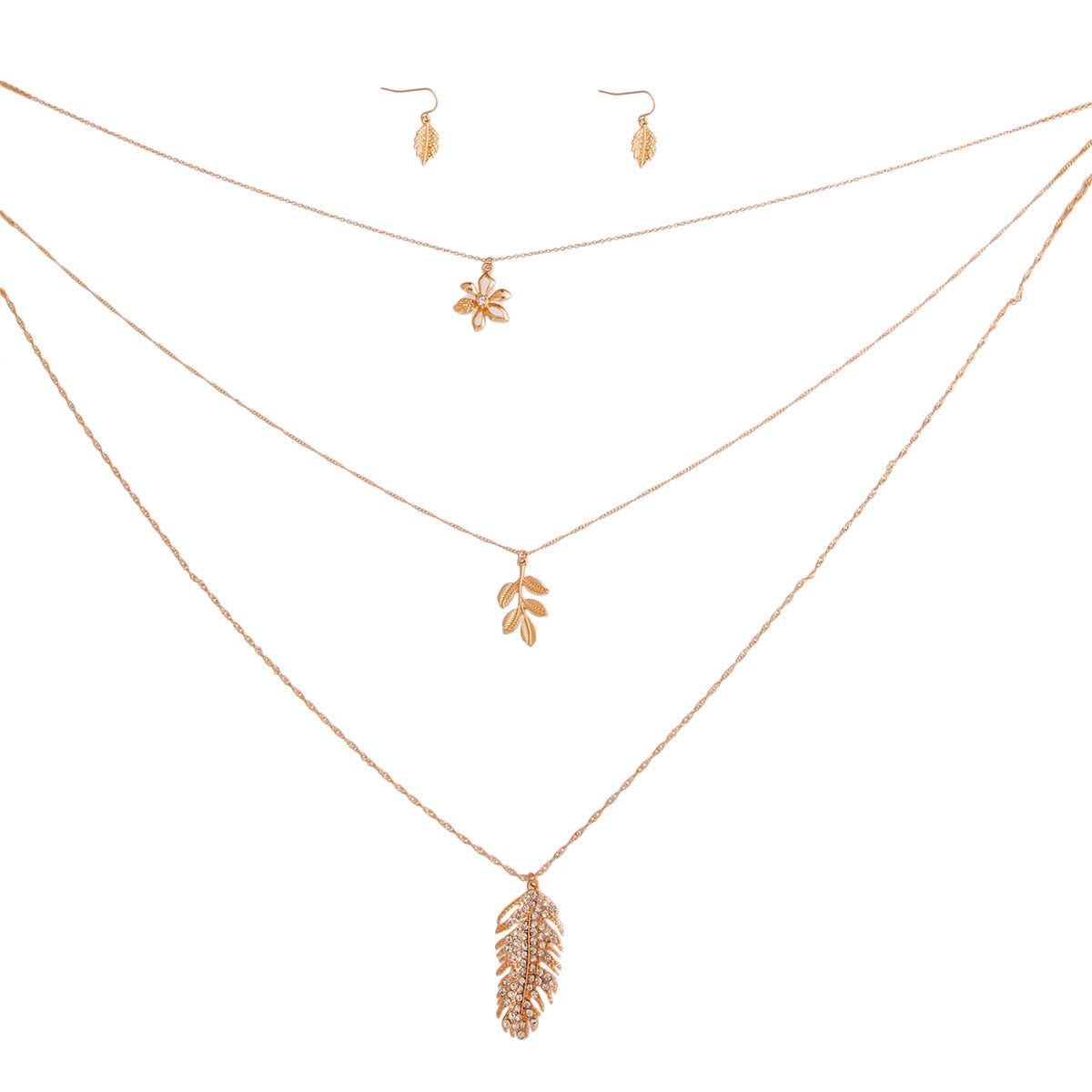 Gold 3 Layer Chain Leaf Necklace