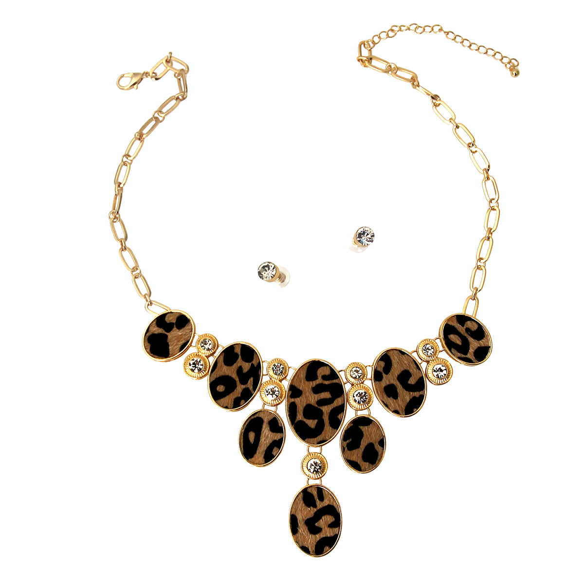 Oval Leopard Fur and Stone Necklace