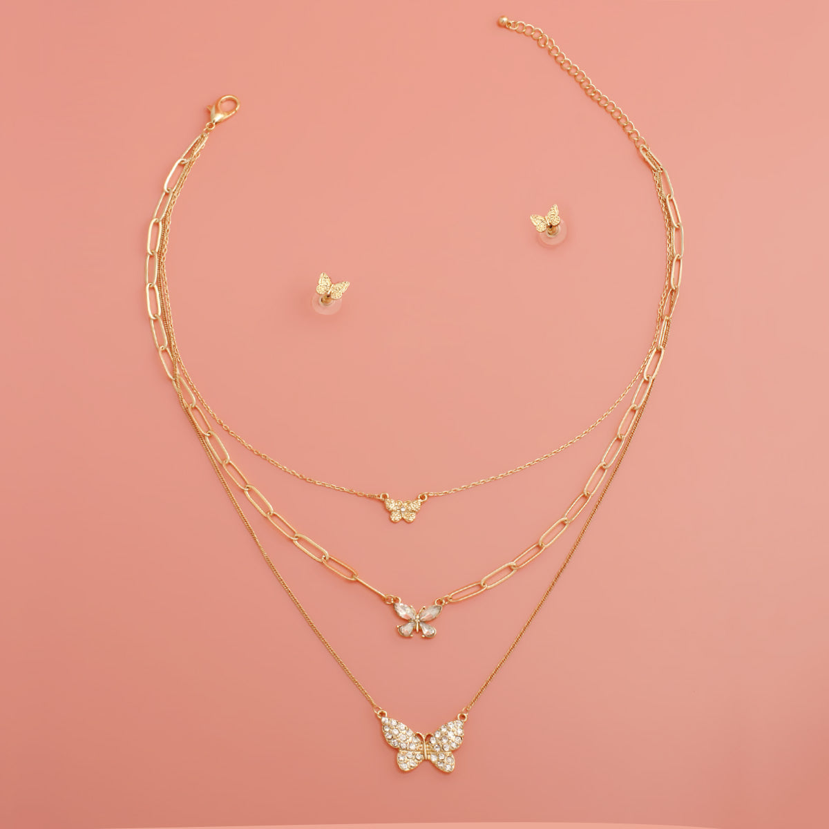 Gold Triple Chain Butterfly Necklace