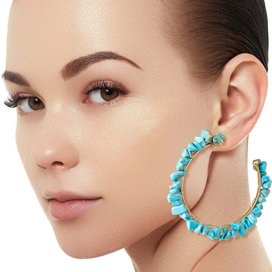 Turquoise Stone Wrapped Hoops