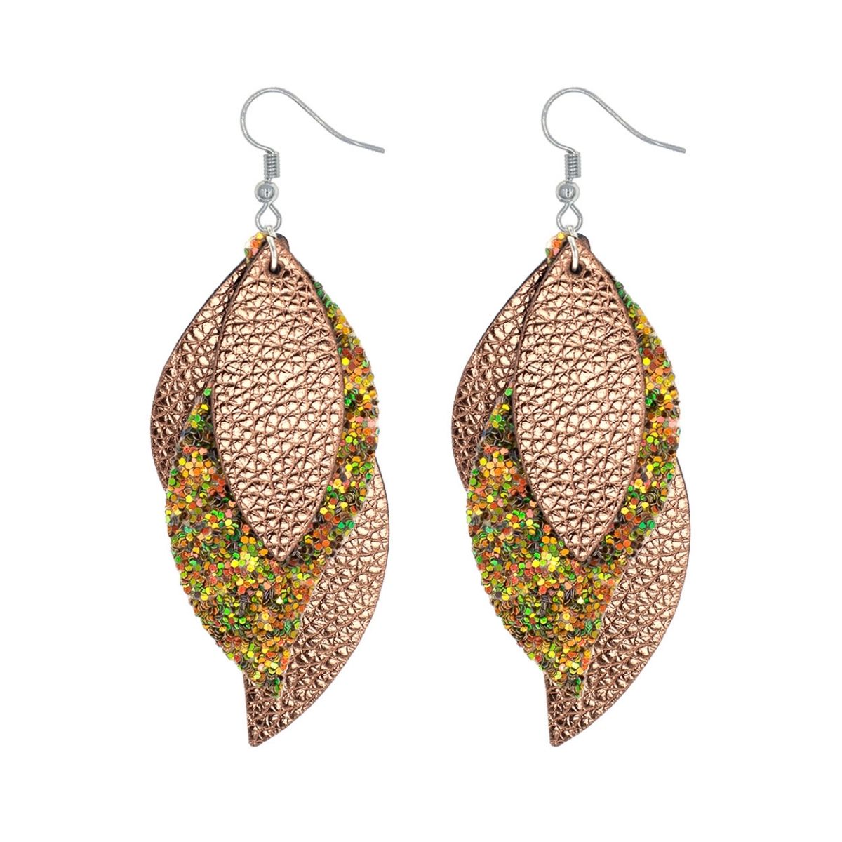 Copper Leather Glitter Leaf Earrings