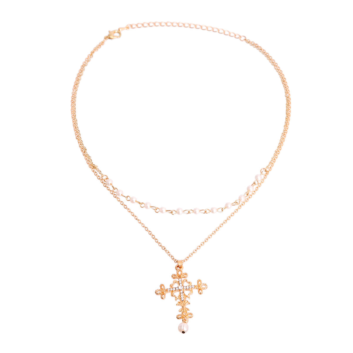 Gold Pearl Heart Cross Necklace