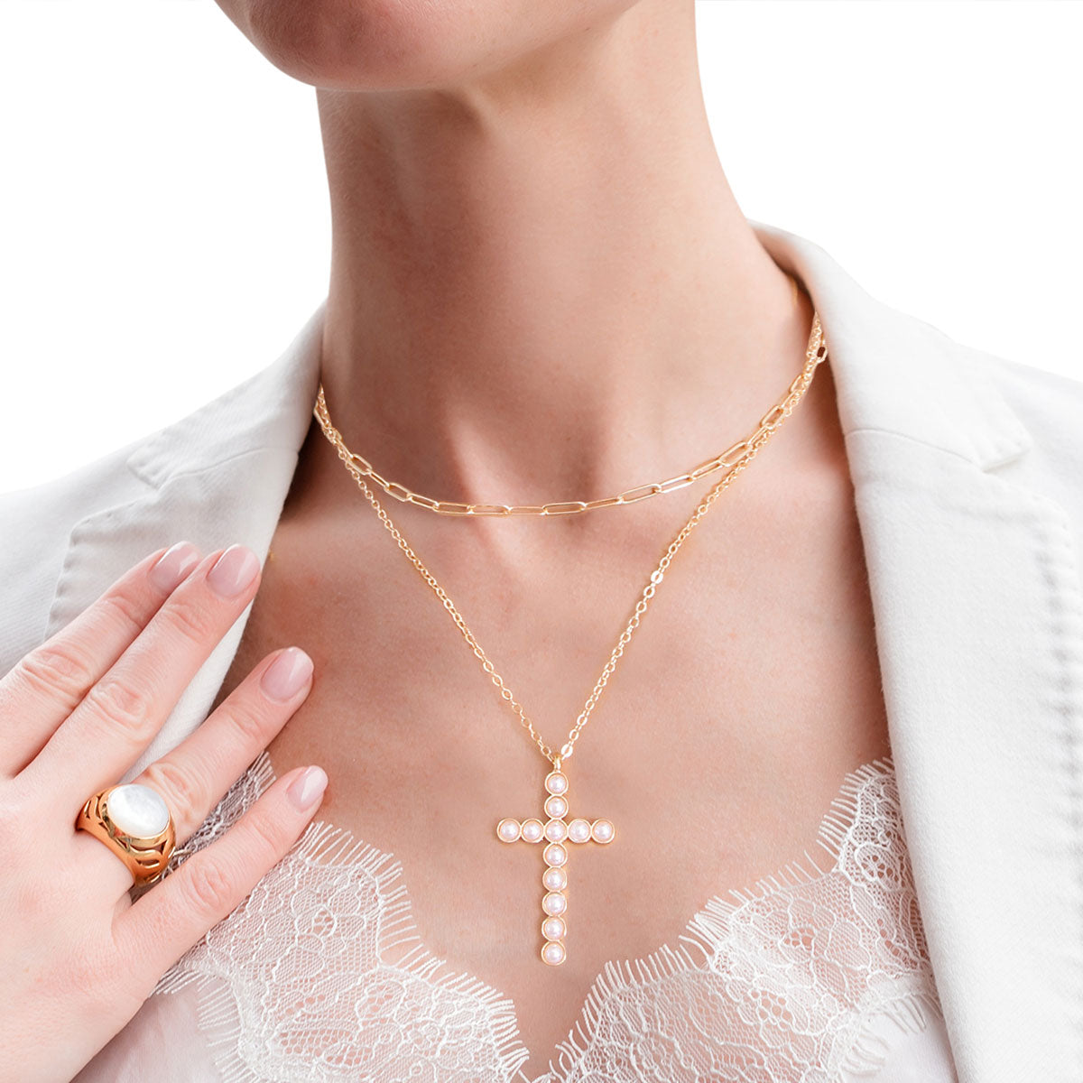 Gold Cream Pearl Cross 2pc Necklace