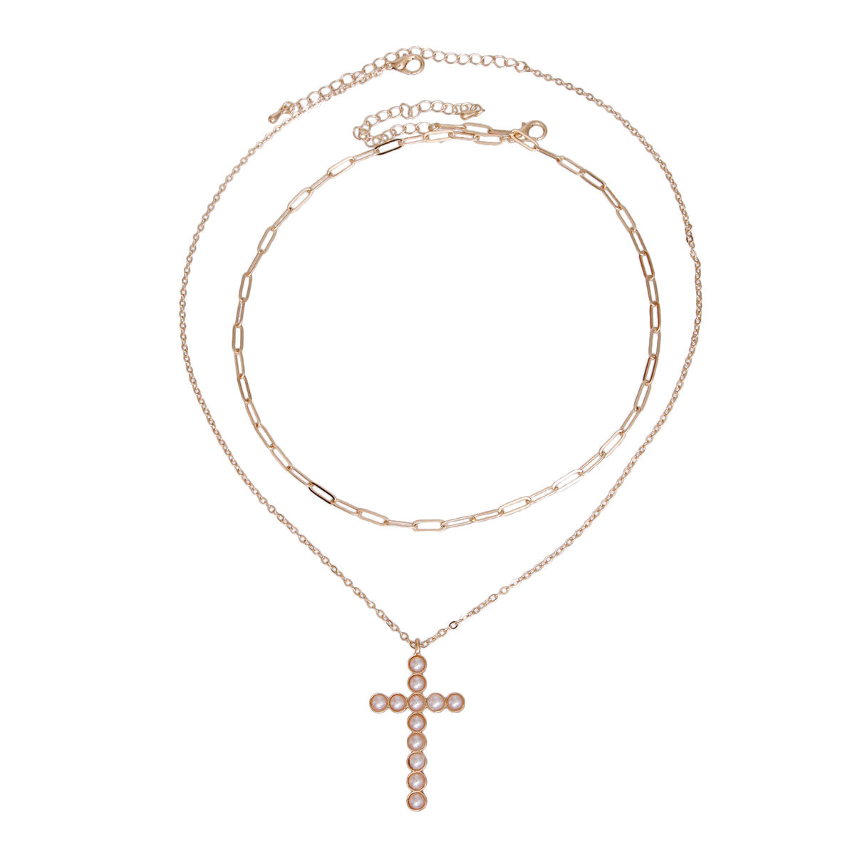 Gold Cream Pearl Cross 2pc Necklace