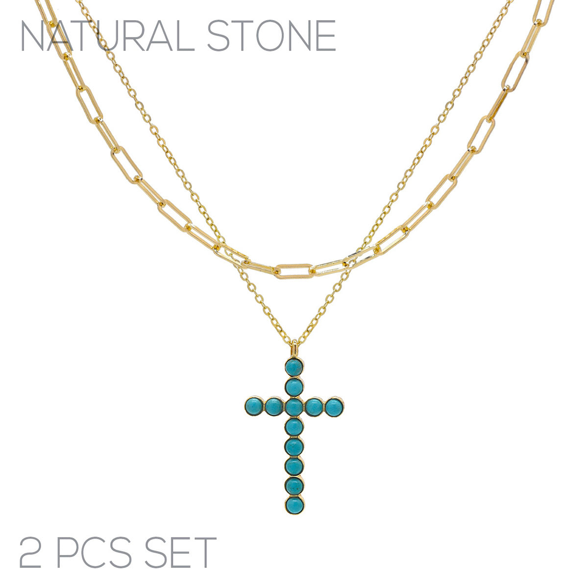 Gold Turquoise Stone Cross 2pc Necklace