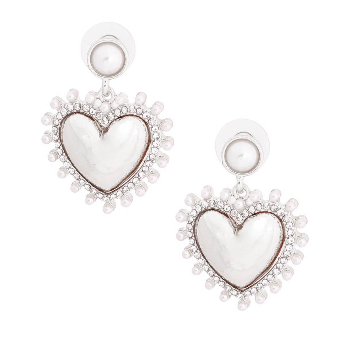 White Pearl and Silver Heart Earrings
