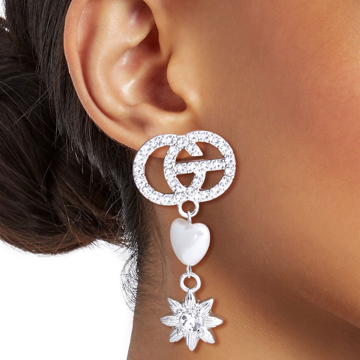 Silver Rhinestone Designer Heart Star Earrings