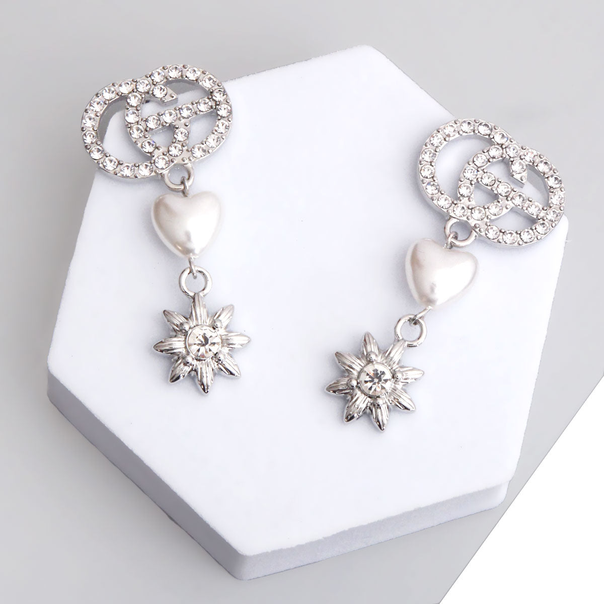 Silver Rhinestone Designer Heart Star Earrings