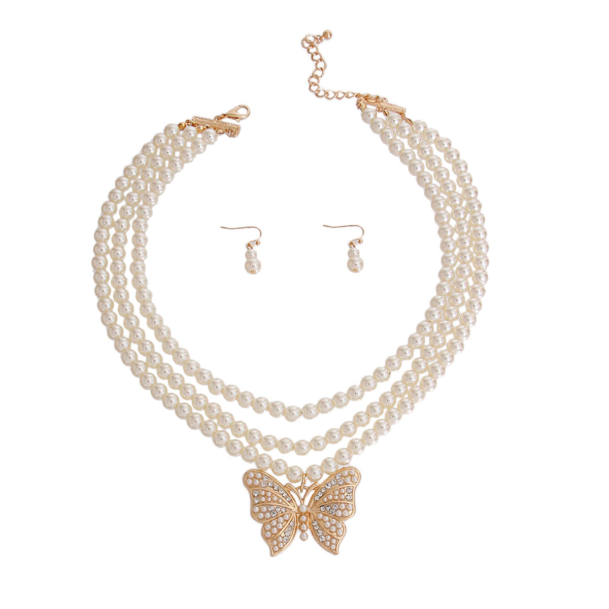 Triple Strand Cream Pearl Butterfly Necklace