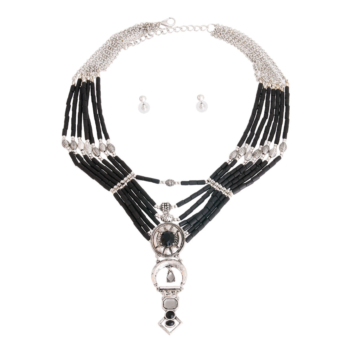 Layered Black Bead Silver Necklace