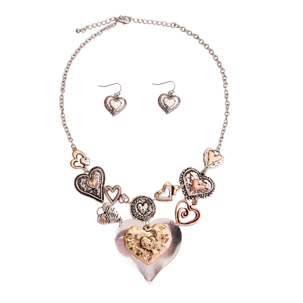 Burnished Metal Heart Necklace Set