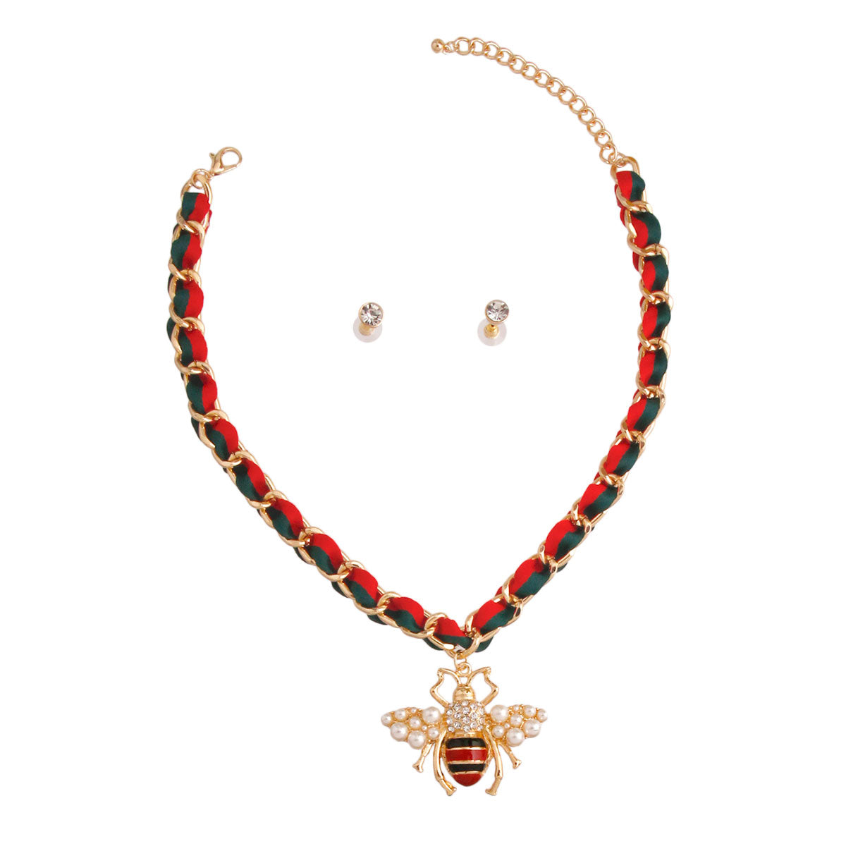 Red and Green Woven Chain Bee Necklace
