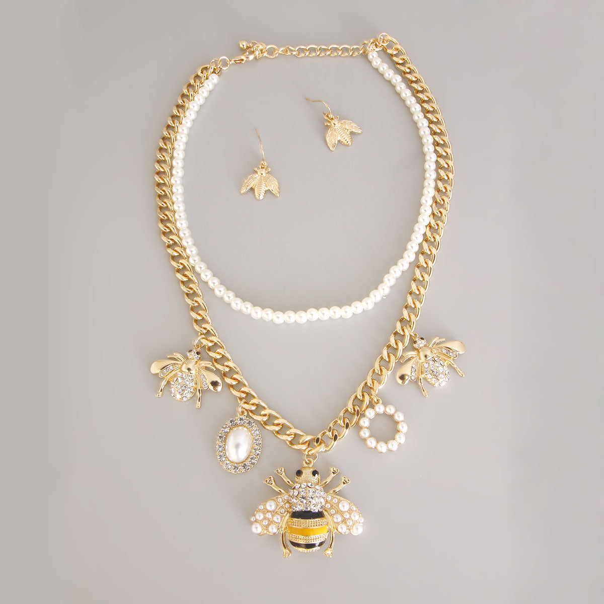 Double Strand Pearl Bee Charm Necklace