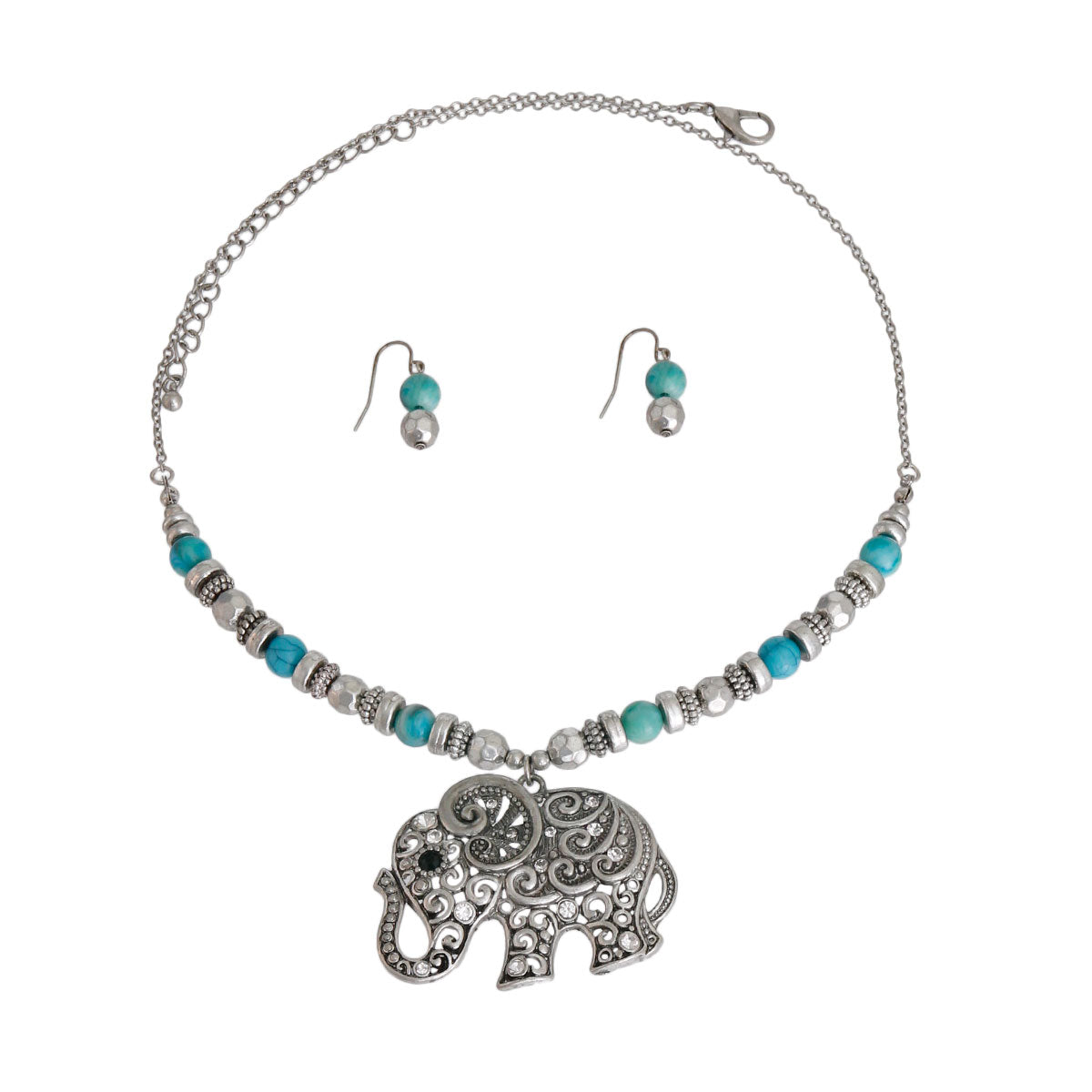 Burnished Silver and Bead Elephant Necklace
