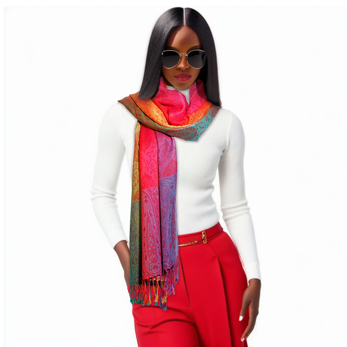 Pashmina Rainbow Red Paisley Scarf for Women